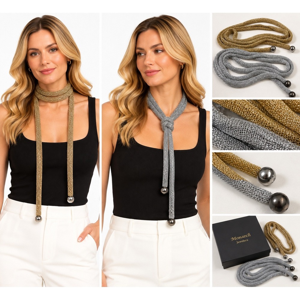 Monarch Jewelers Gold Silver Mesh Lariat Necklace Set 2pc 45in Wrap Statement XL